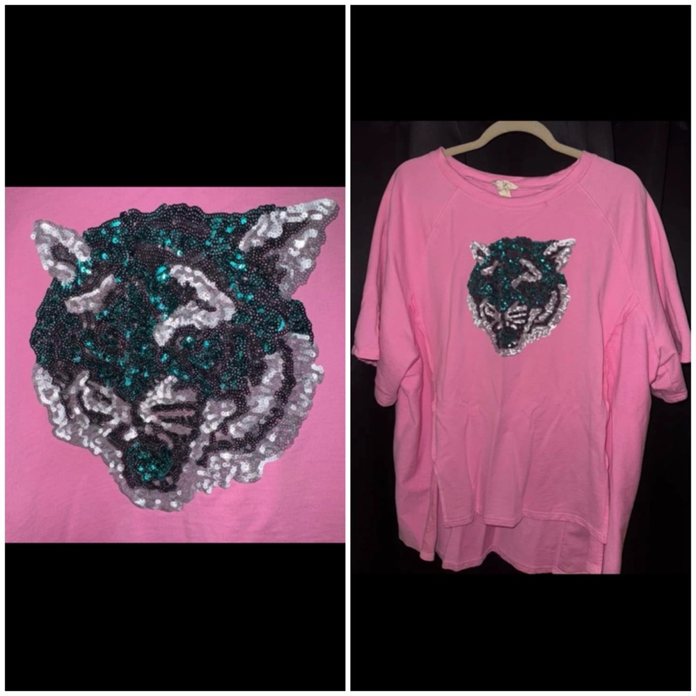 Fantastic Fawn Pink Sequin Panther Oversized Hi-Low Top